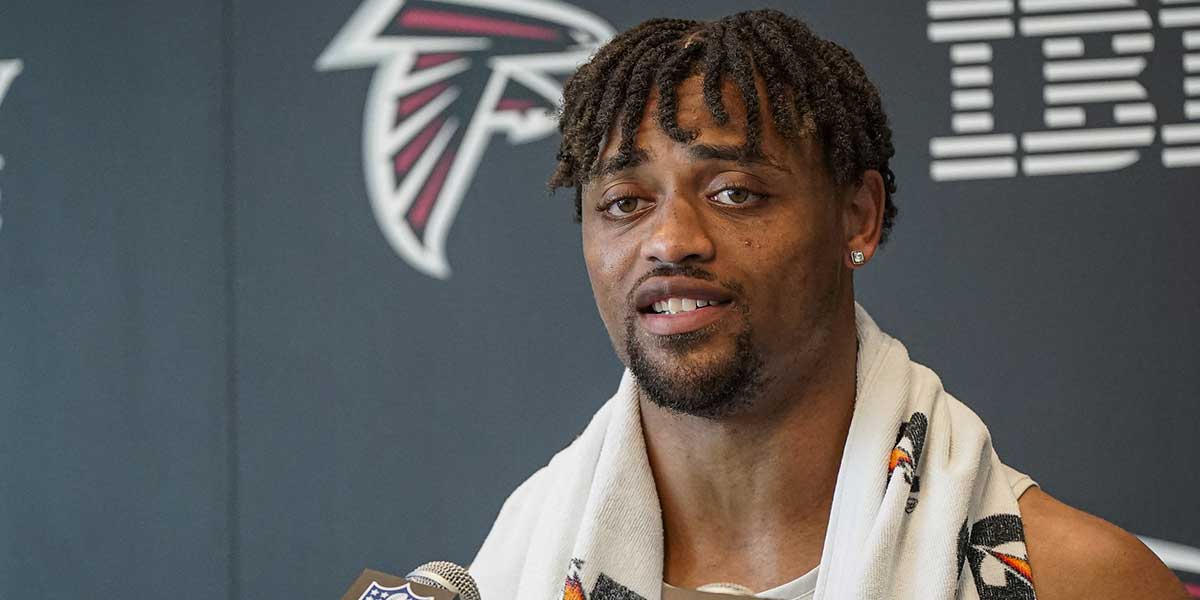 Atlanta Falcons cornerback A.J. Terrell (24) answers questions after practice during training camp at IBM Performance Field.