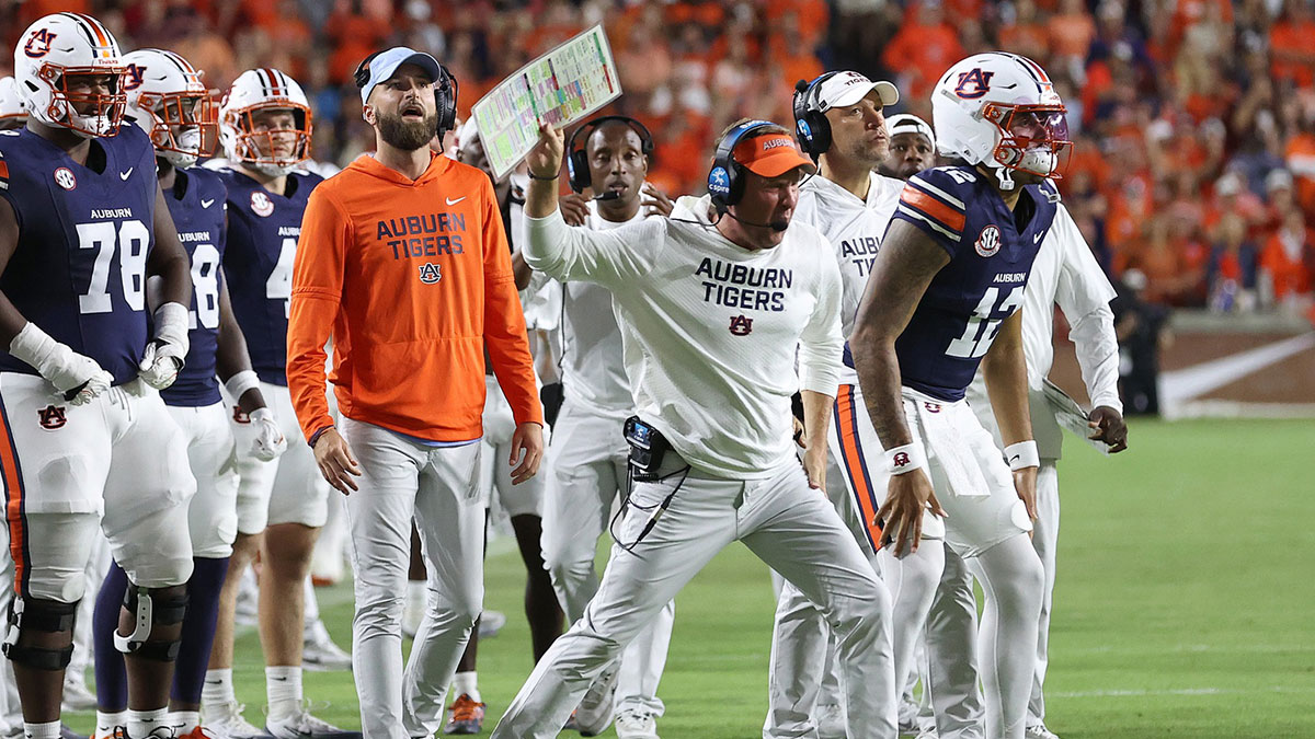 Auburn Tigers head coach Hugh Freeze reacts to a call during the second quarter against the Georgia Bulldogs at Jordan-Hare Stadium.