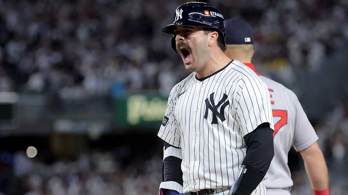 New York Yankees catcher Austin Wells (28) celebrates his go ahead RBI single against the Boston Red Sox during the eighth inning of game two of the Wildcard round of the 2025 MLB playoffs at Yankee Stadium.