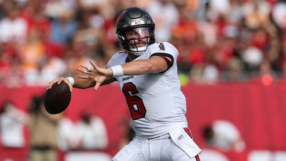 Tampa Bay Buccaneers quarterback Baker Mayfield (6) throws downfield during the first quarter against the San Francisco 49ers at Raymond James Stadium.