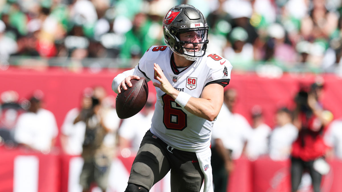 Tampa Bay Buccaneers quarterback Baker Mayfield (6) prepares to throw the ball during the third quarter against the Philadelphia Eagles at Raymond James Stadium.