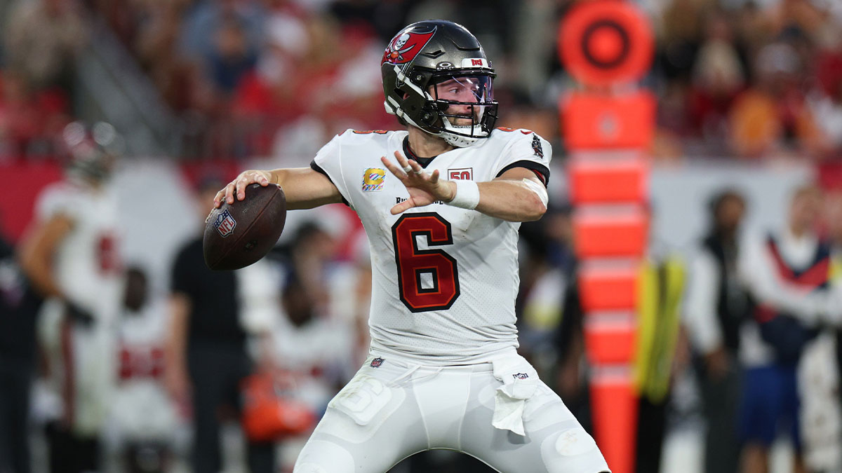 Tampa Bay Buccaneers quarterback Baker Mayfield (6) throws downfield during the fourth quarter against the San Francisco 49ers at Raymond James Stadium.