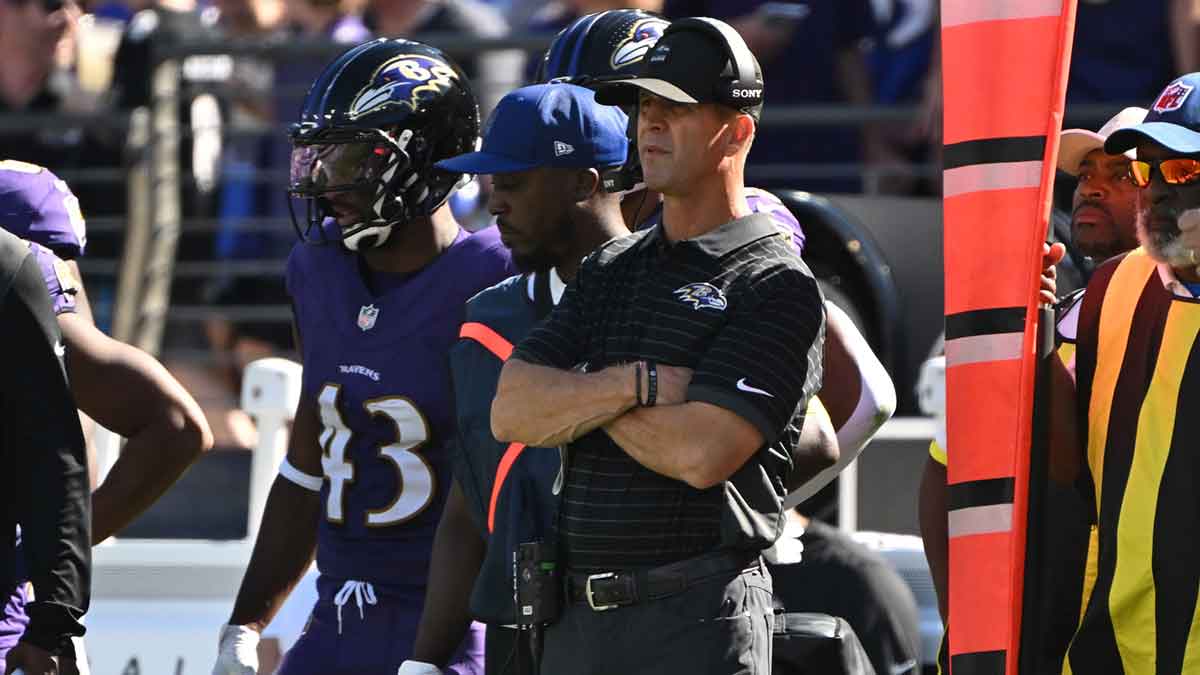Baltimore Ravens head coach John Harbaugh stands on the sidelines during the third quarter against the Houston Texans at M&T Bank Stadium.