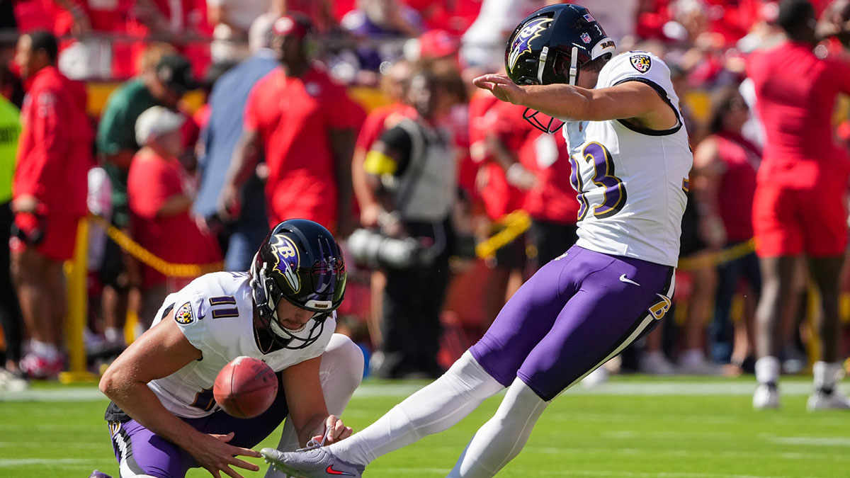 Baltimore Ravens kicker Tyler Loop (33) warms up against the Kansas City Chiefs