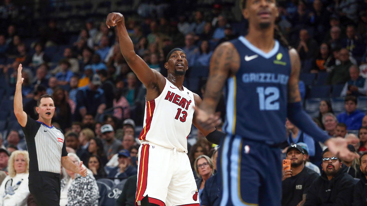 Miami Heat center Bam Adebayo (13) reacts after attempting a three point basket during the first quarter against the Memphis Grizzlies at FedExForum.
