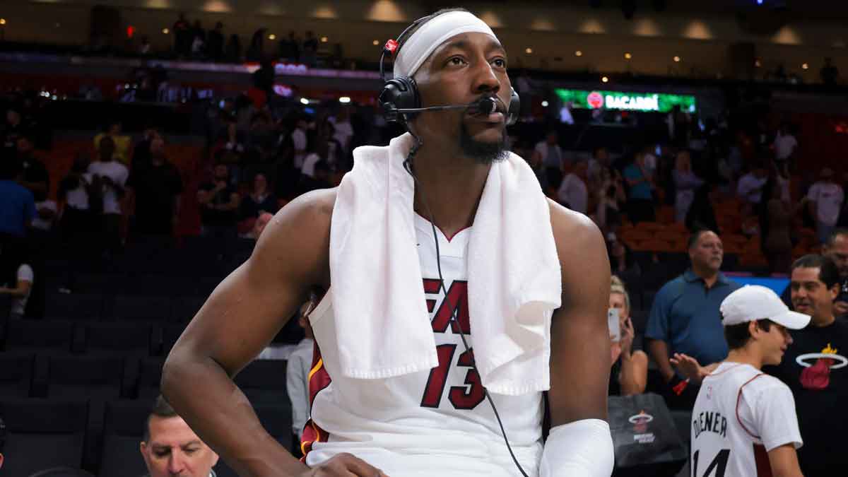 Miami Heat center Bam Adebayo (13) is interviewed after the game against the Charlotte Hornets at Kaseya Center.