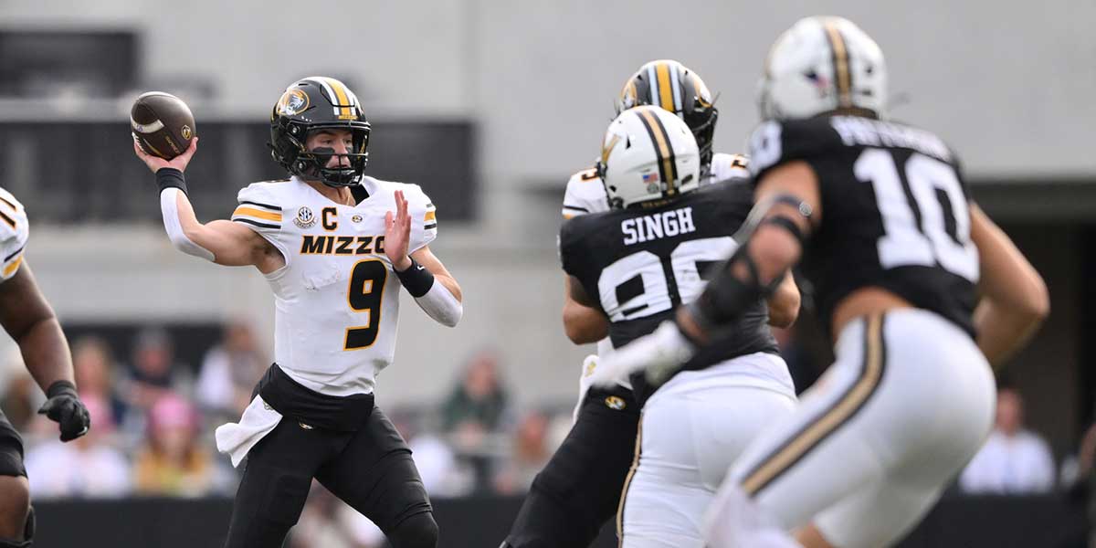Missouri Tigers quarterback Beau Pribula (9) looks to throw a pass against the Vanderbilt Commodores during the second quarter at FirstBank Stadium.