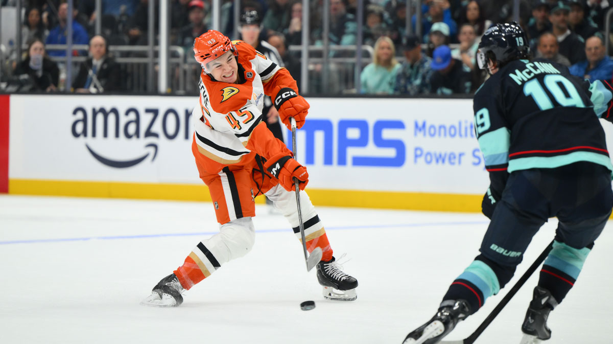 Anaheim Ducks right wing Beckett Sennecke (45) shoots the puck against the Seattle Kraken during the third period at Climate Pledge Arena.