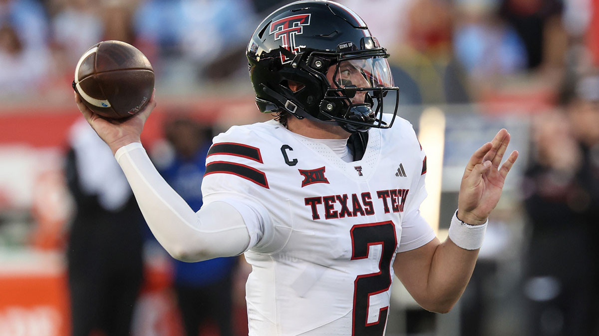 Texas Tech Red Raiders quarterback Behren Morton (2) drops back to pass against the Houston Cougars in the first half at TDECU Stadium.