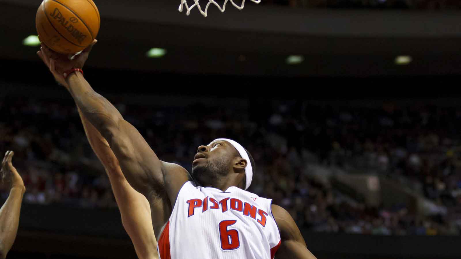 Detroit Pistons center Ben Wallace (6) grabs a rebound in the first quarter against the Boston Celtics at The Palace. 