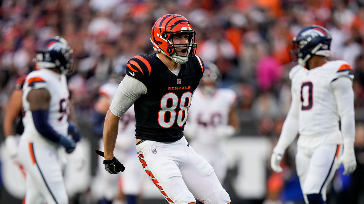 Cincinnati Bengals tight end Mike Gesicki (88) celebrates a first down reception in the first quarter of the NFL Week 17 game between the Cincinnati Bengals and the Denver Broncos at Paycor Stadium in downtown Cincinnati on Saturday, Dec. 28, 2024.
