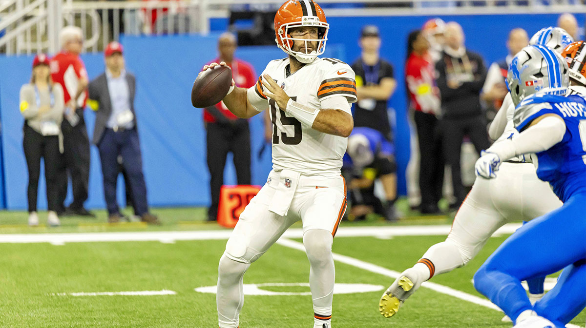 Cleveland Browns quarterback Joe Flacco (15) makes a pass during the second half against the Detroit Lions at Ford Field.