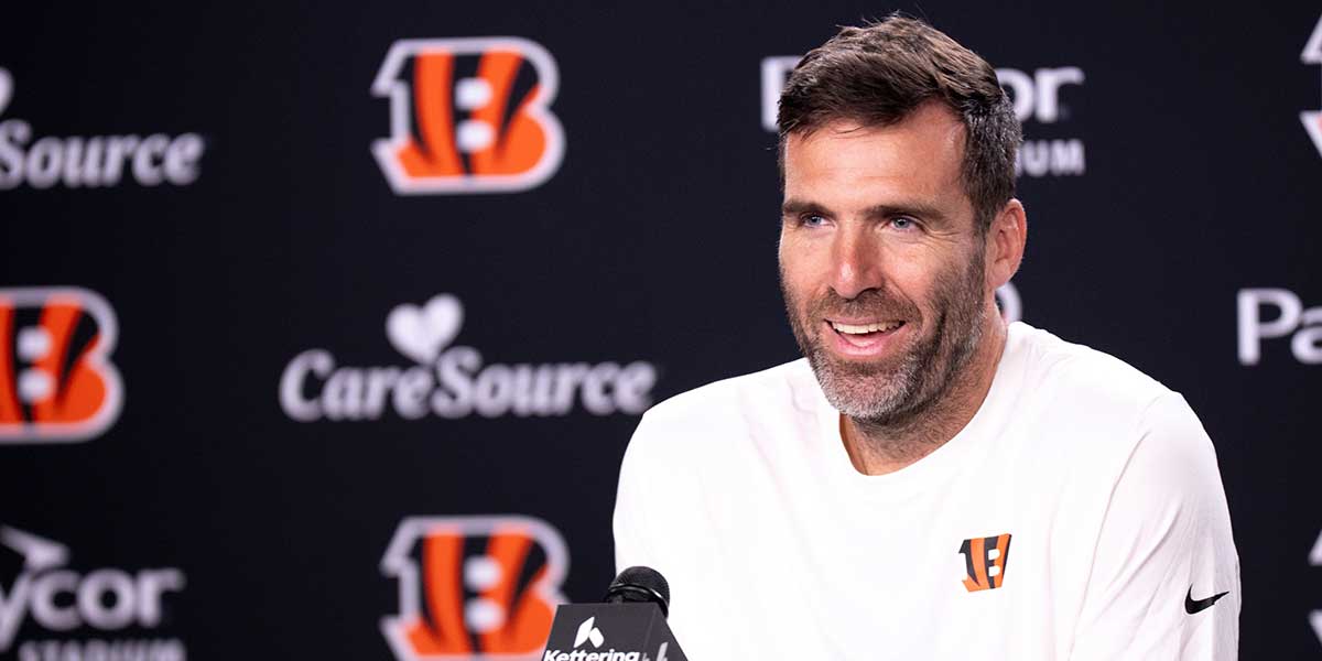 Bengals quarterback Joe Flacco speaks to the media during a press conference in Cincinnati on Oct. 10, 2025.