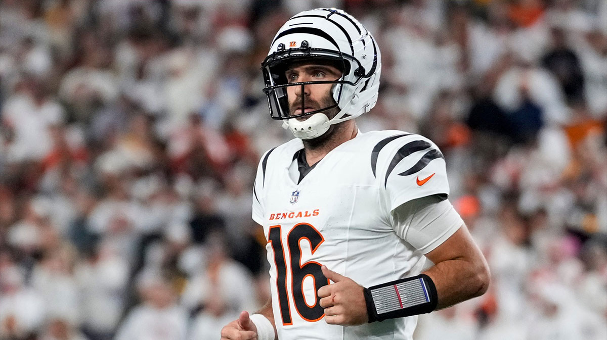 Cincinnati Bengals quarterback Joe Flacco (16) runs off before a field goal attempt in the fourth quarter of the NFL Week 7 game between the Cincinnati Bengals and the Pittsburgh Steelers.