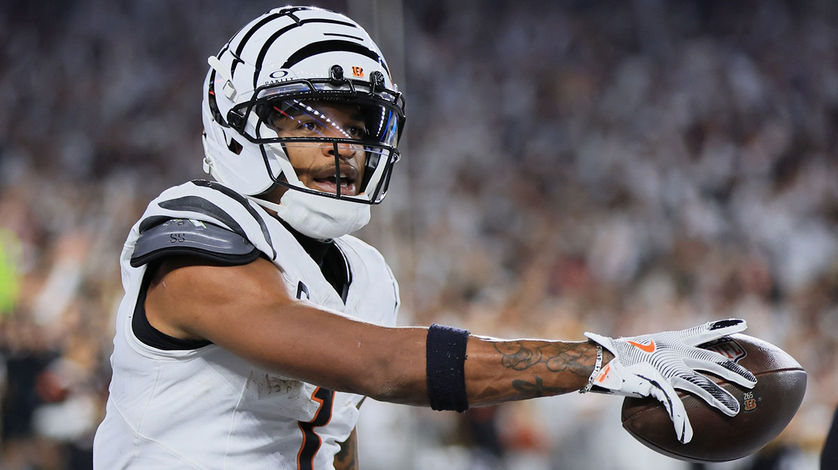 Cincinnati Bengals wide receiver Ja'Marr Chase (1) reacts after catching a touchdown pass thrown by quarterback Joe Flacco (16) (not pictured) against the Pittsburgh Steelers during the second quarter at Paycor Stadium.