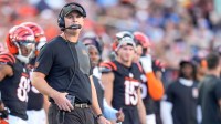 Cincinnati Bengals head coach Zac Taylor watches a replay in the second quarter of the NFL Week 5 game between the Cincinnati Bengals and the Detroit Lions at Paycor Stadium in downtown Cincinnati on Sunday, Oct. 5, 2025.