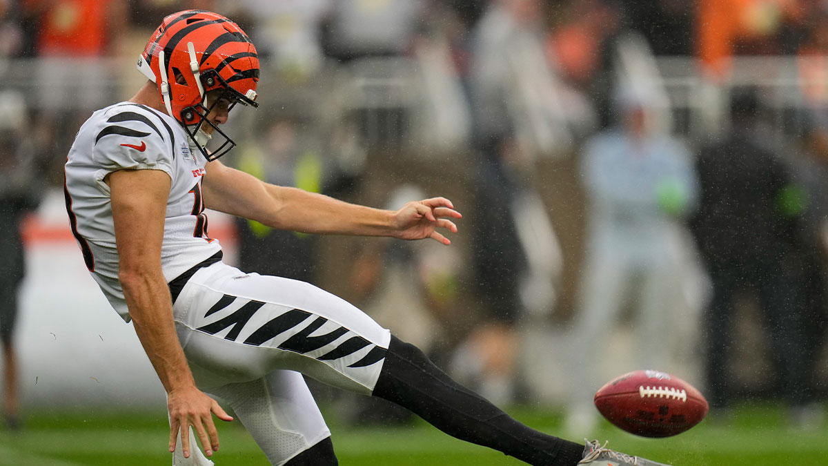 Cincinnati Bengals punter Brad Robbins (10) kicks the ball away in the fourth quarter of the NFL Week 1 game between the Cleveland Browns and the Cincinnati Bengals at FirstEnergy Stadium in downtown Cleveland on Sunday, Sept. 10, 2023. The Browns dealt the Bengals a 24-3 loss to begin the season.