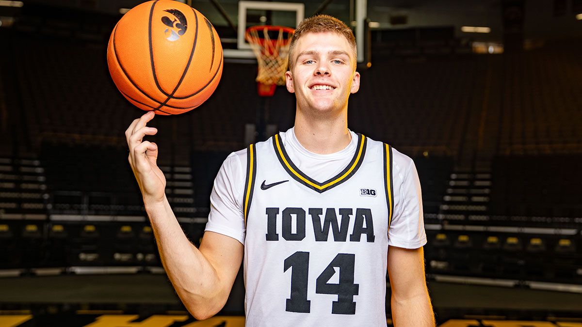 Bennett Stirtz stands for a photo during Iowa Men's Basketball media day at Carver Hawkeye arena in Iowa City, Oct. 15, 2025.