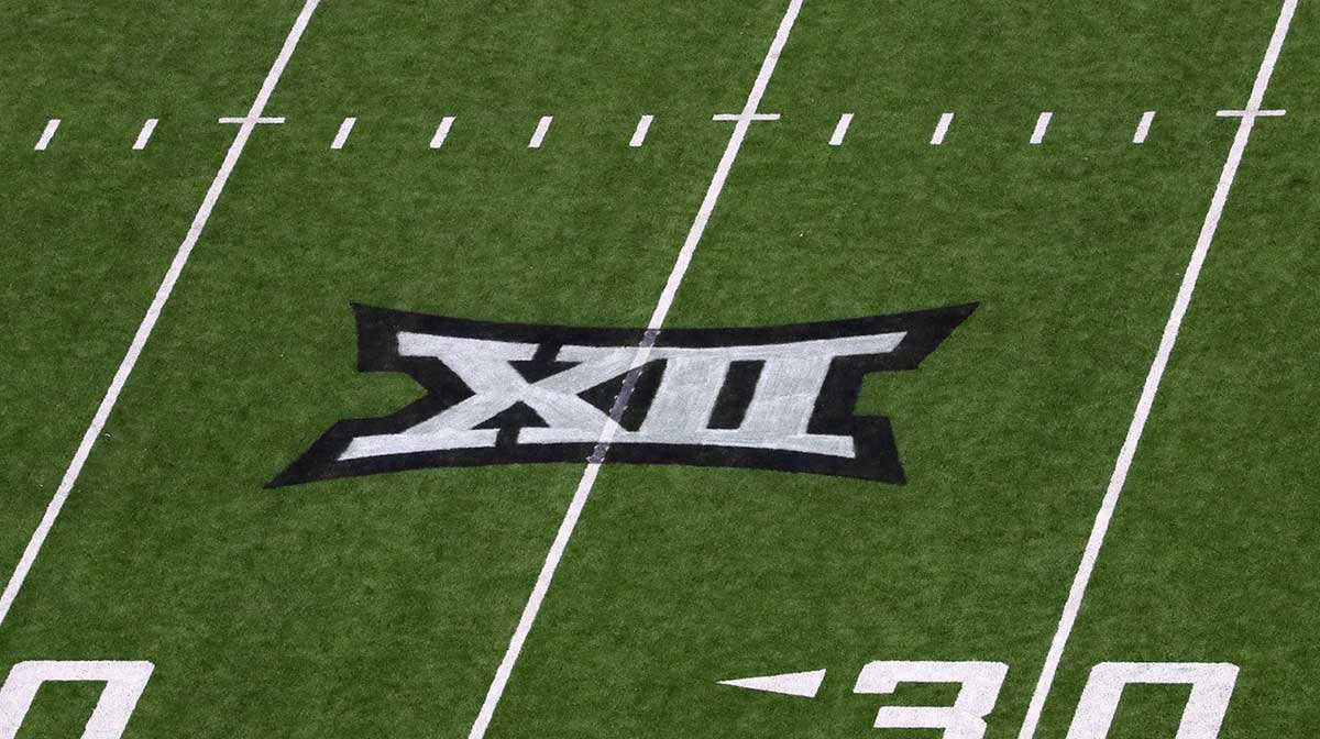A general view of the Big 12 logo on the field during the game between the Kent State Golden Flashes and the Texas Tech Red Raiders at Jones AT&T Stadium.