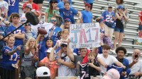 Fans do their best to score an autograph from Bills quarterback Josh Allen as the players leave the field during day three of Buffalo Bills training camp at St. John Fisher University Friday, July 25, 2025 in Pittsford, NY.