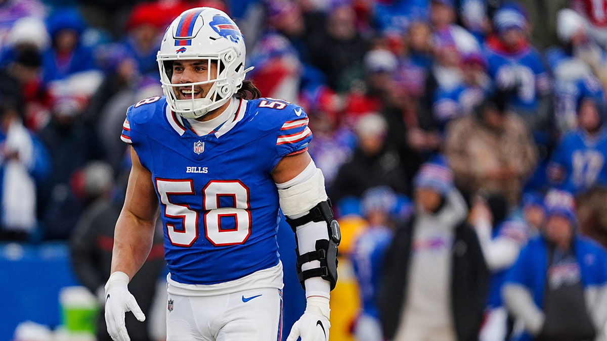 Buffalo Bills linebacker Matt Milano (58) smiles after making a tackle during the second half of the Buffalo Bills wild card game against the Denver Broncos at Highmark Stadium in Orchard Park on Jan. 12, 2025.