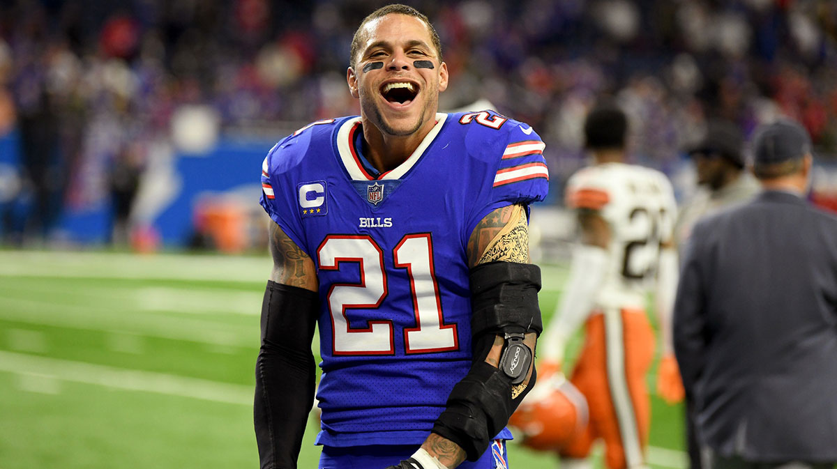 Buffalo Bills safety Jordan Poyer (21) celebrates after the Bills beat the Cleveland Browns at Ford Field.