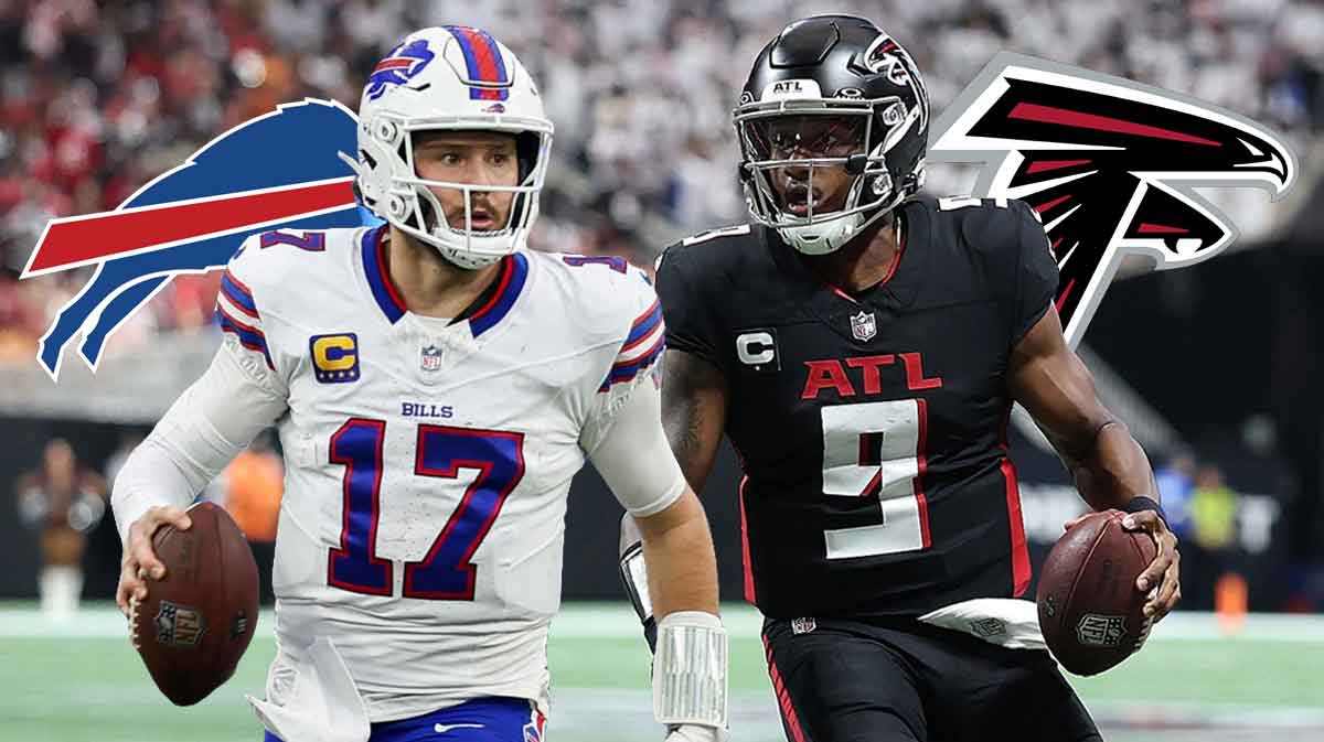 Bills logo and Josh Allen on one side, Falcons logo and Michael Penix Jr. on the other side. Mercedes-Benz Stadium in the background.