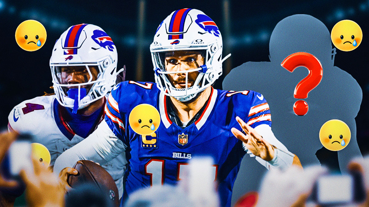 Bills QB Josh Allen next to RB James Cook and a silhouette of an American football player with a big question mark emoji inside. They are all surrounded by sad emojis (😔).