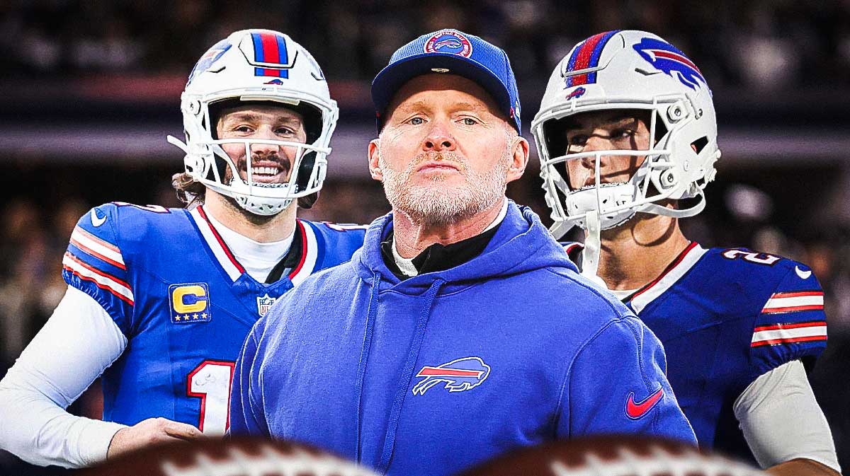 Bills coach Sean McDermott in the middle with Josh Allen over one shoulder and Cole Bishop over the other.