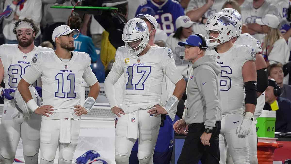 Buffalo Bills quarterback Mitchell Trubisky and Buffalo Bills quarterback Josh Allen react to the Patriots field goal leaving them several seconds to try and tie or win during second half action at Highmark Stadium in Orchard Park on Oct. 5, 2025. Walking by is Buffalo Bills head coach Sean McDermott.