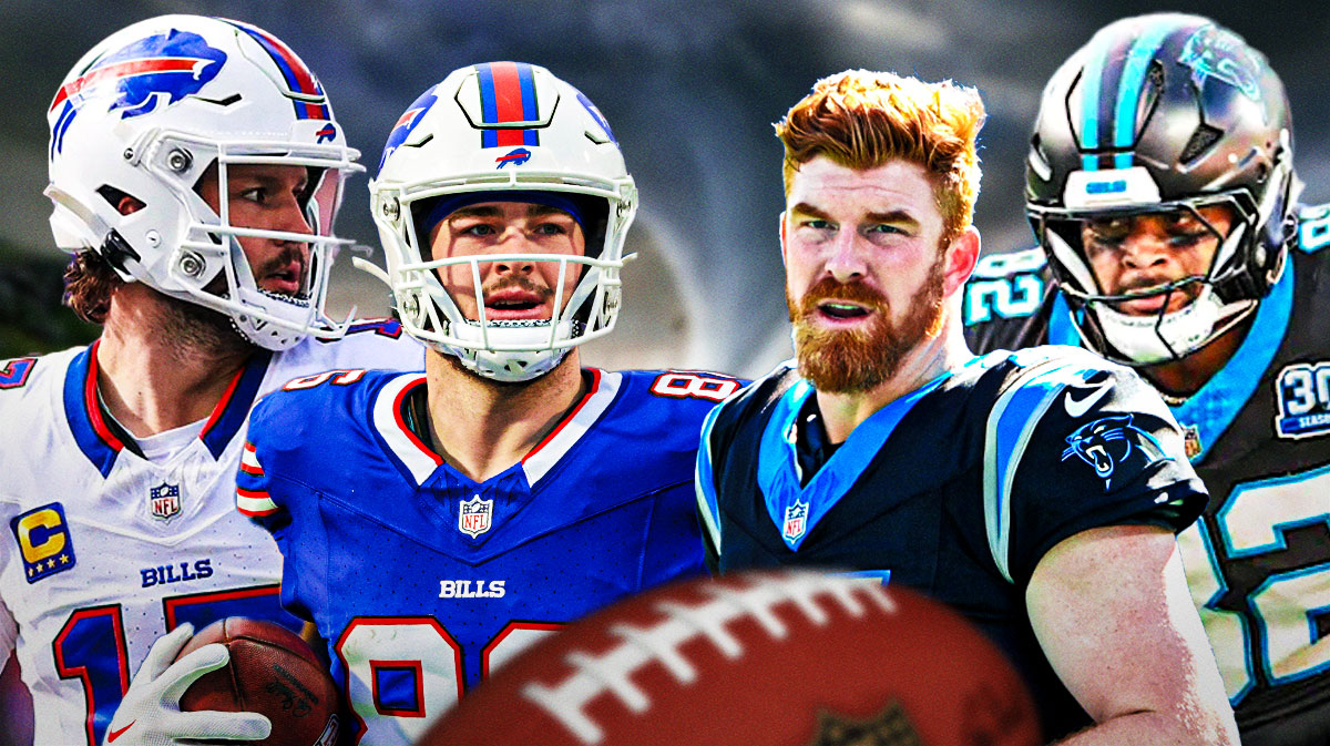 Josh Allen, Dalton Kincaid on one side, Josh Allen, Tommy Tremble on the other side, Tornado in the background