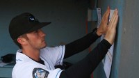 Hudson Valley Renegades manager Blake Butera posts the lineup before Wednesday's game at Dutchess Stadium in Fishkill