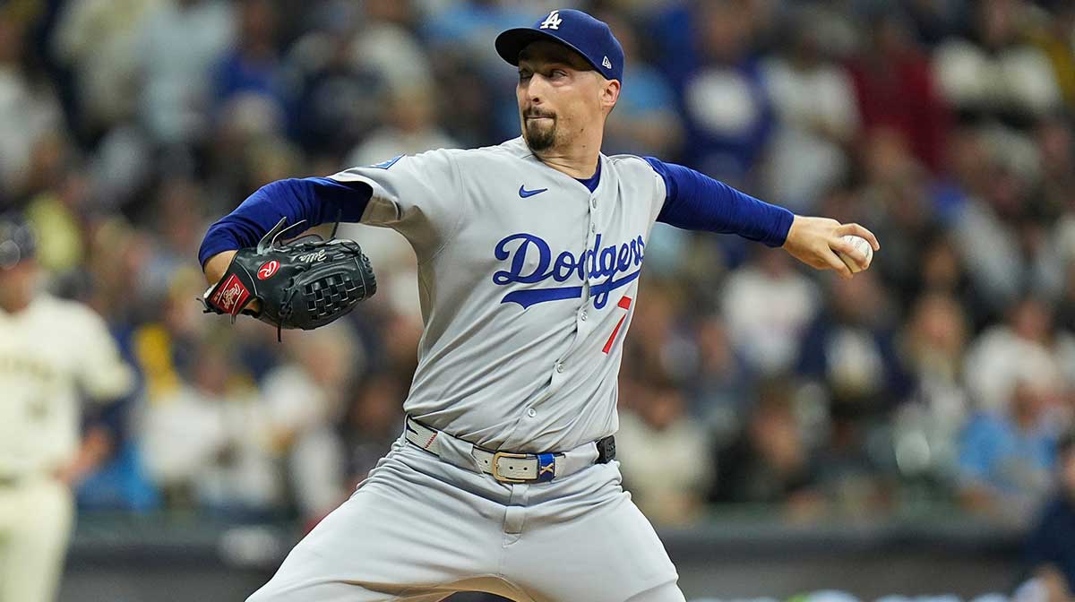 Los Angeles Dodgers starting pitcher Blake Snell (7) pitches during the first inning of the of their National League Championship Series game against the Milwaukee Brewers October 13, 2025 at American Family Field in Milwaukee, Wisconsin.