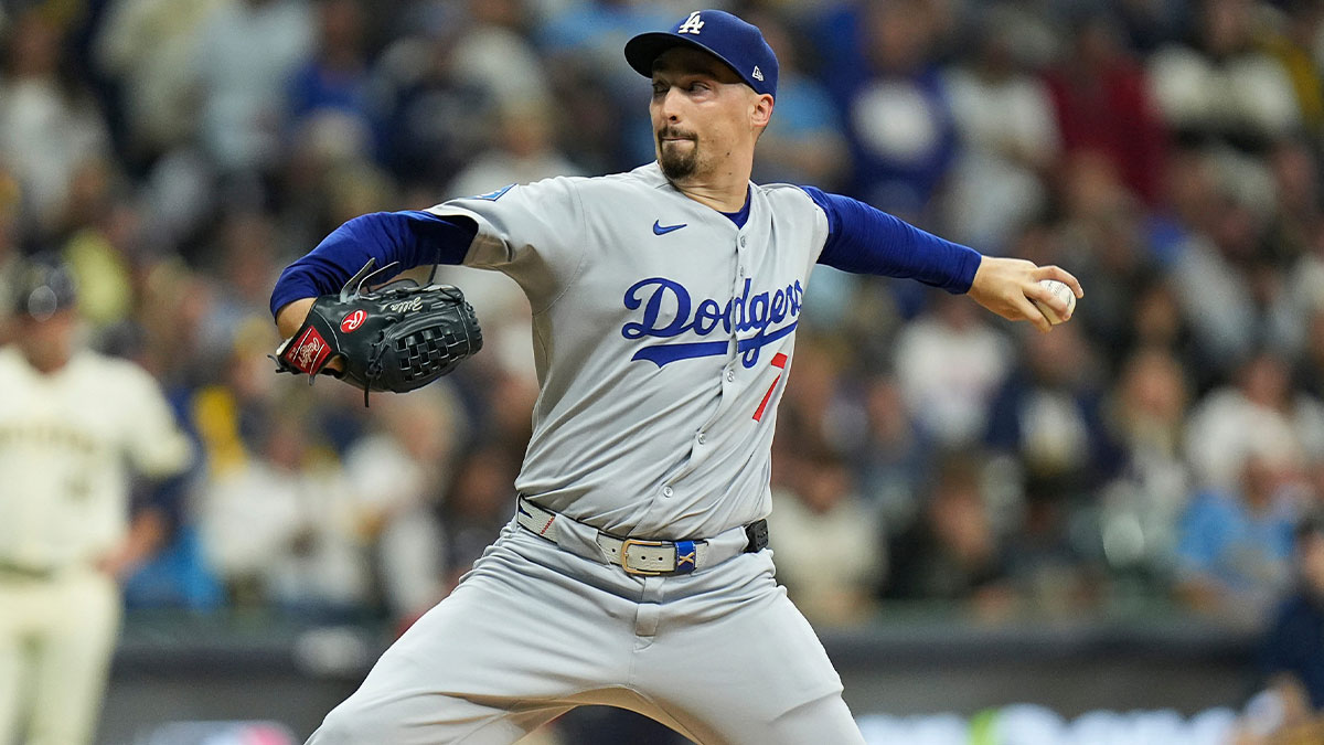 Los Angeles Dodgers starting pitcher Blake Snell (7) pitches during the first inning of the of their National League Championship Series game against the Milwaukee Brewers October 13, 2025 at American Family Field in Milwaukee, Wisconsin.
