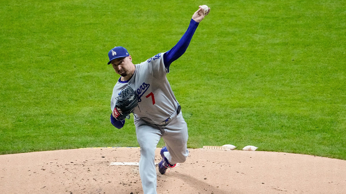 Los Angeles Dodgers pitcher Blake Snell (7) throws a pitch against the Milwaukee Brewers in the first inning during game one of the NLCS round for the 2025 MLB playoffs at American Family Field.