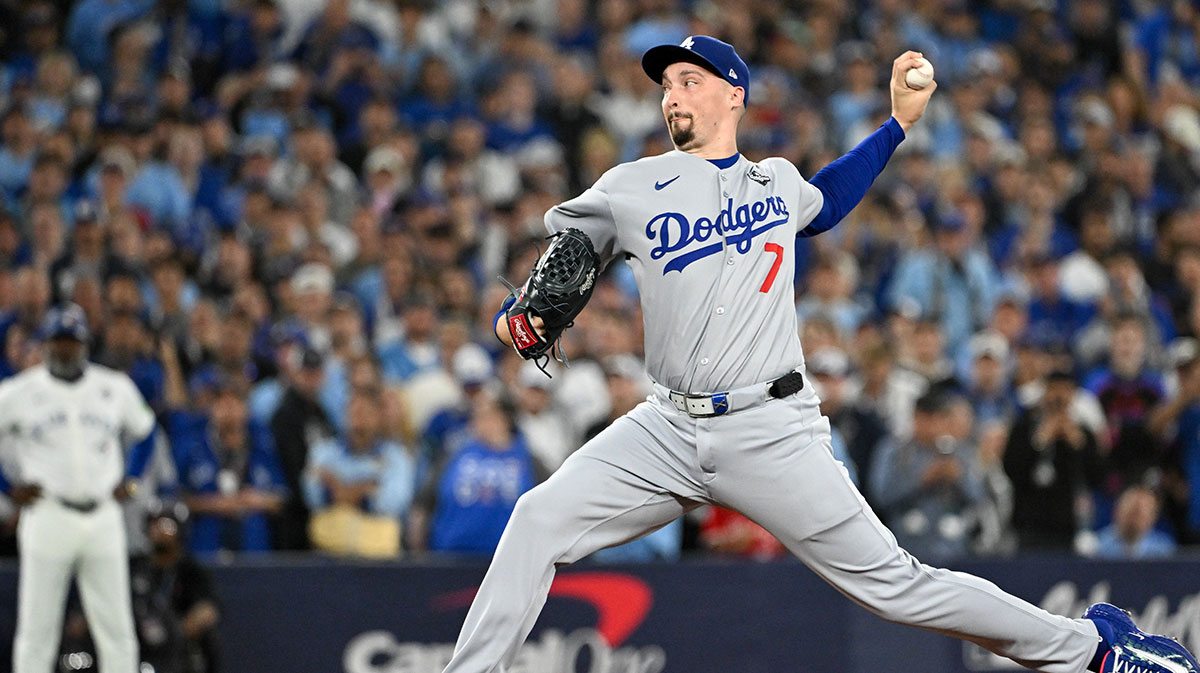 Los Angeles Dodgers pitcher Blake Snell (7) throws a pitch against the Toronto Blue Jays in the first inning during game one of the 2025 MLB World Series at Rogers Centre.