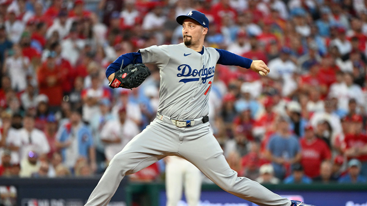 Los Angeles Dodgers pitcher Blake Snell (7) throws a pitch against the Philadelphia Phillies in the first inning during game two of the NLDS round for the 2025 MLB playoffs at Citizens Bank Park.