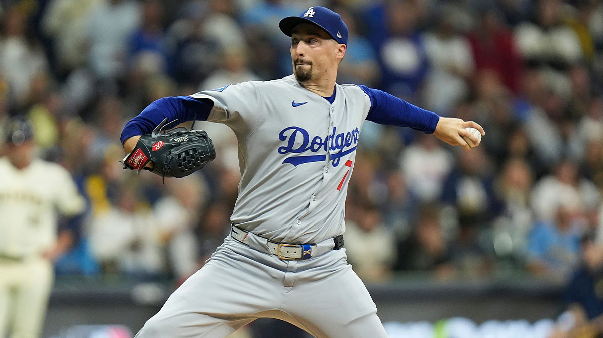 Los Angeles Dodgers starting pitcher Blake Snell (7) pitches during the first inning of the of their National League Championship Series game against the Milwaukee Brewers October 13, 2025 at American Family Field in Milwaukee, Wisconsin.