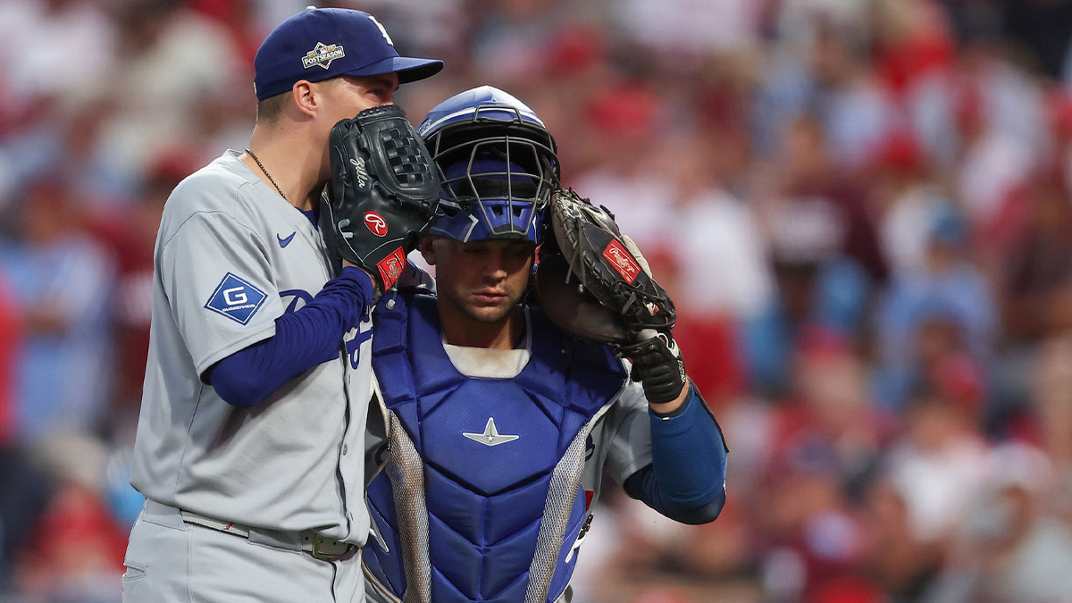 Los Angeles Dodgers pitcher Blake Snell (7) speaks with catcher Ben Rortvedt (47) after throwing against the Philadelphia Phillies in the first inning during game two of the NLDS round for the 2025 MLB playoffs at Citizens Bank Park.