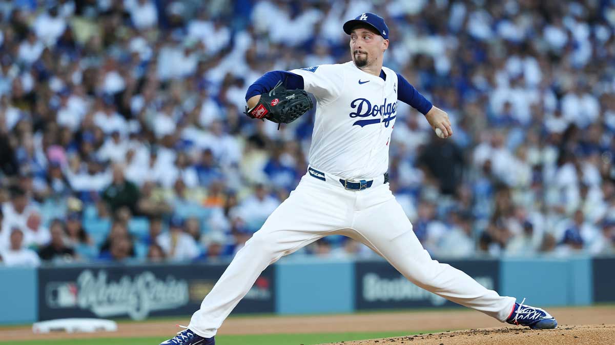 Los Angeles Dodgers pitcher Blake Snell (7) pitches during the first inning against the Toronto Blue Jays during game five of the 2025 MLB World Series at Dodger Stadium.