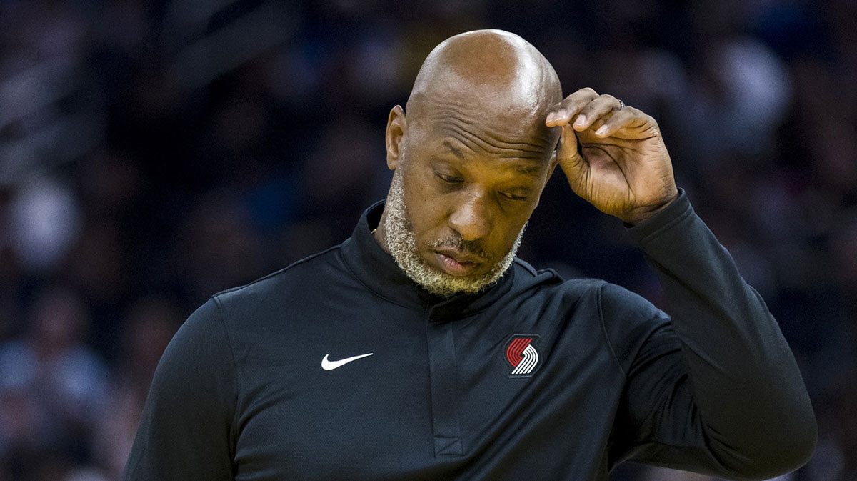 Portland Trail Blazers Head Coach Chauncey Billups reacts during a time-out in the second quarter against the Golden State Warriors at Chase Center.