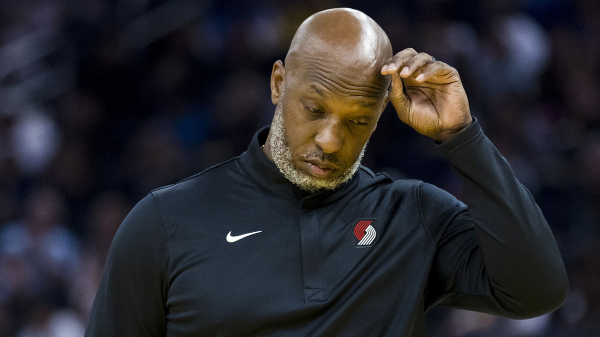 Blazers Head Coach Chauncey Billups reacts during a time-out in the second quarter against the Golden State Warriors at Chase Center