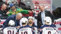 Columbus Blue Jackets head coach Dean Evason looks up at a replay during a timeout in the third period against the Ottawa Senators at the Canadian Tire Centre.