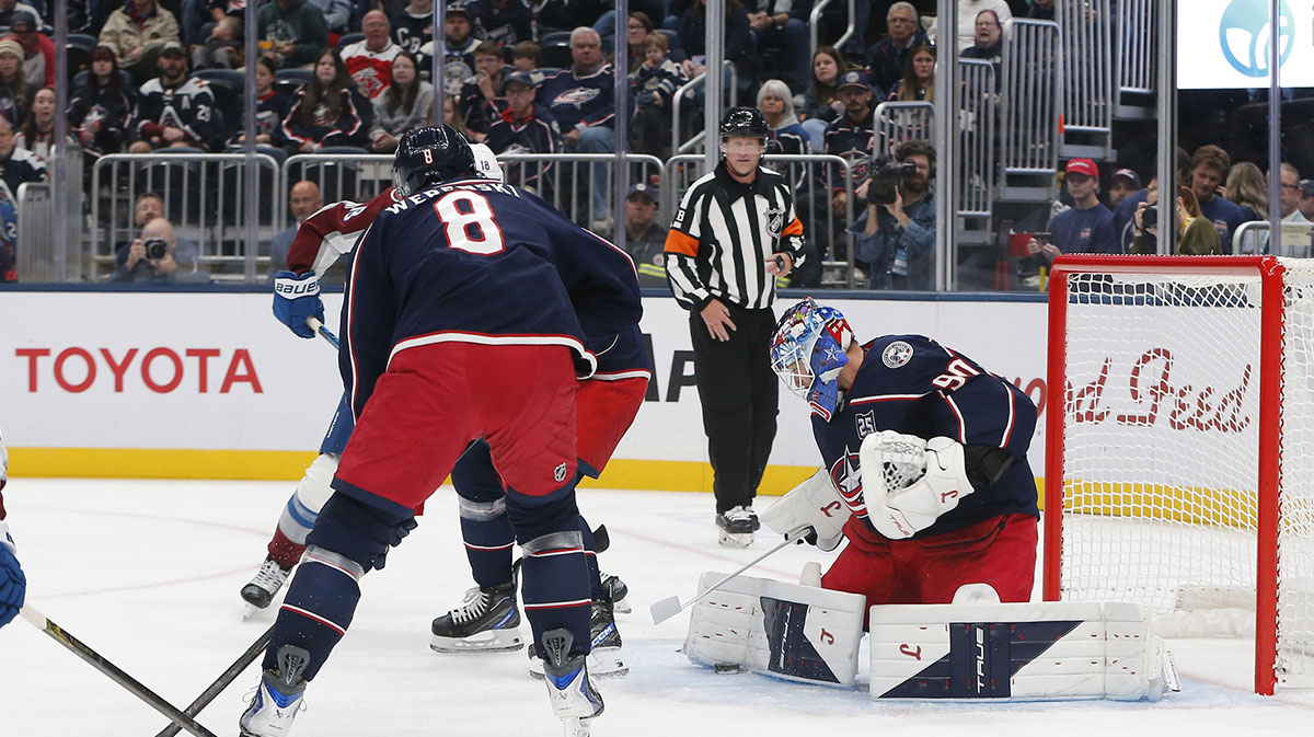 Columbus Blue Jackets goalie Elvis Merzlikins (90) makes a pad save Colorado Avalanche during the first period at Nationwide Arena.