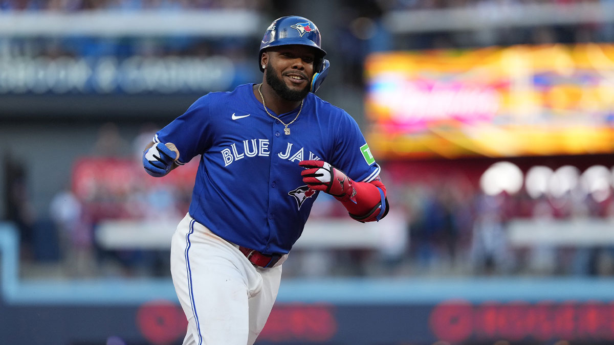 Toronto Blue Jays first baseman Vladimir Guerrero Jr. (27) celebrates after hitting a grand slam in the fourth inning against the New York Yankees during game two of the ALDS round for the 2025 MLB playoffs at Rogers Centre.