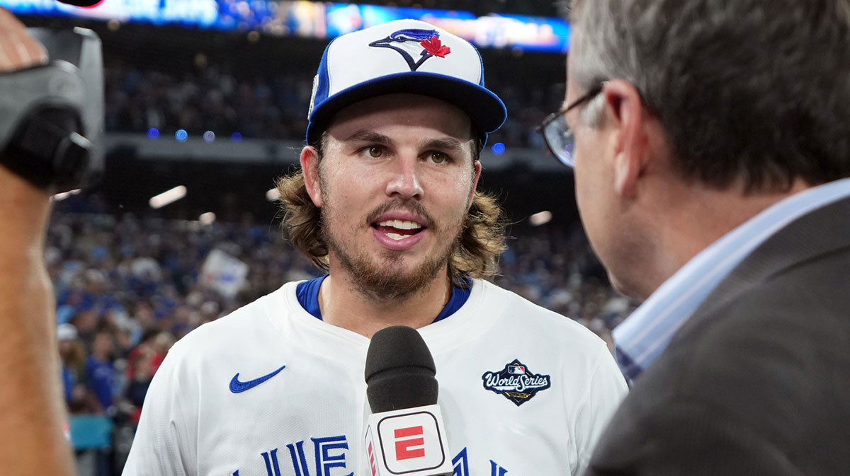 Toronto Blue Jays third baseman Addison Barger (47) talks to media after defeating the Los Angeles Dodgers in game one of the 2025 MLB World Series at Rogers Centre.