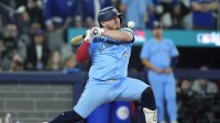 Toronto Blue Jays catcher Alejandro Kirk (30) is hit by a pitch in the ninth inning against the Los Angeles Dodgers during game six of the 2025 MLB World Series at Rogers Centre.