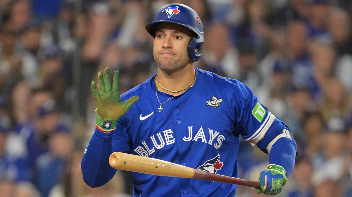 Toronto Blue Jays right fielder George Springer (4) reacts after striking out in the fourth inning against the Los Angeles Dodgers during game three of the 2025 MLB World Series at Dodger Stadium.