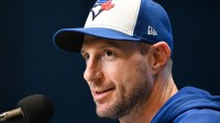 Toronto Blue Jays pitcher Max Scherzer (31) speaks to the media prior to game two of the 2025 MLB World Series against the Los Angeles Dodgers at Rogers Centre.