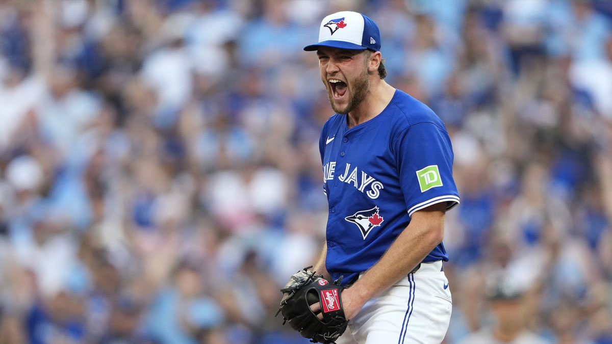 Toronto Blue Jays pitcher Trey Yesavage (39) reacts after a strikeout in the fourth inning against the New York Yankees during game two of the ALDS round for the 2025 MLB playoffs at Rogers Centre.